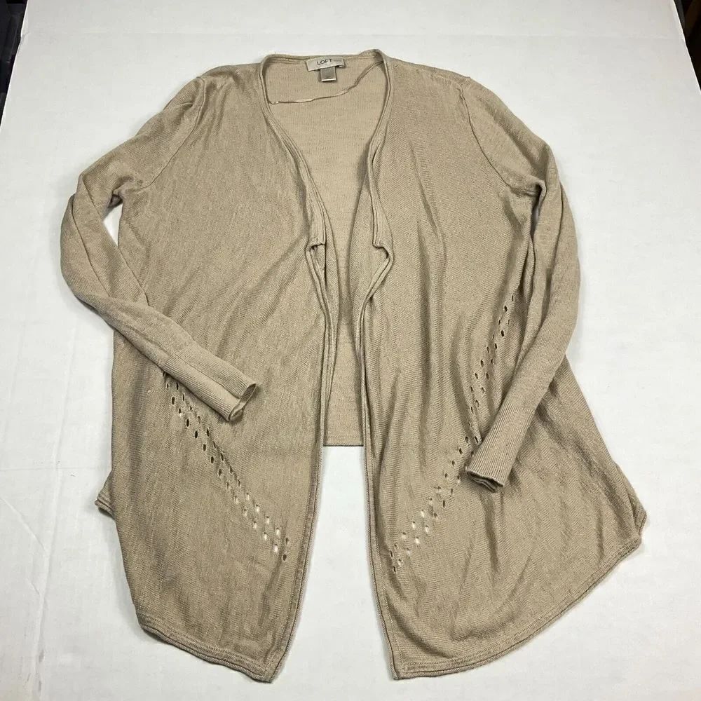 LOFT Draped Open Front Cardigan Beige Long Sleeve Casual Knit Sweater PM Petites
